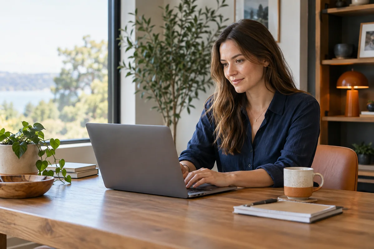 Woman using her laptop in a naturally lit home workspace